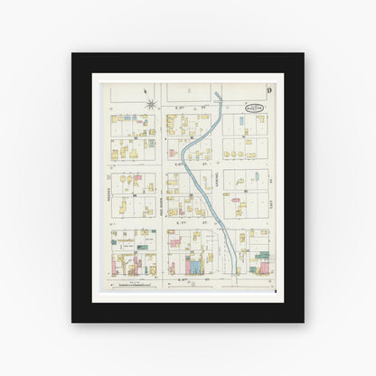 Old map wall art mockup — black gallery frame with white mat — Sanborn Fire Insurance Map from Austin, Travis County, Texas (1894), Sheet #0009