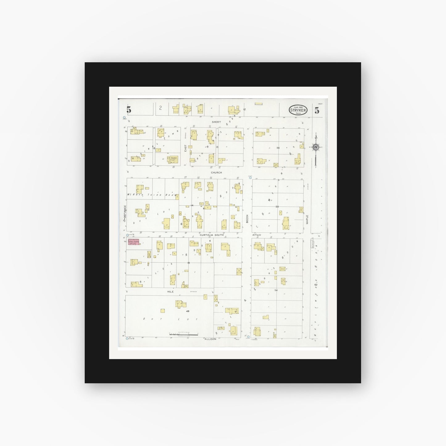 Old map wall art mockup — black gallery frame with white mat — Sanborn Fire Insurance Map from Stryker, Williams County, Ohio (1930), Sheet #0005