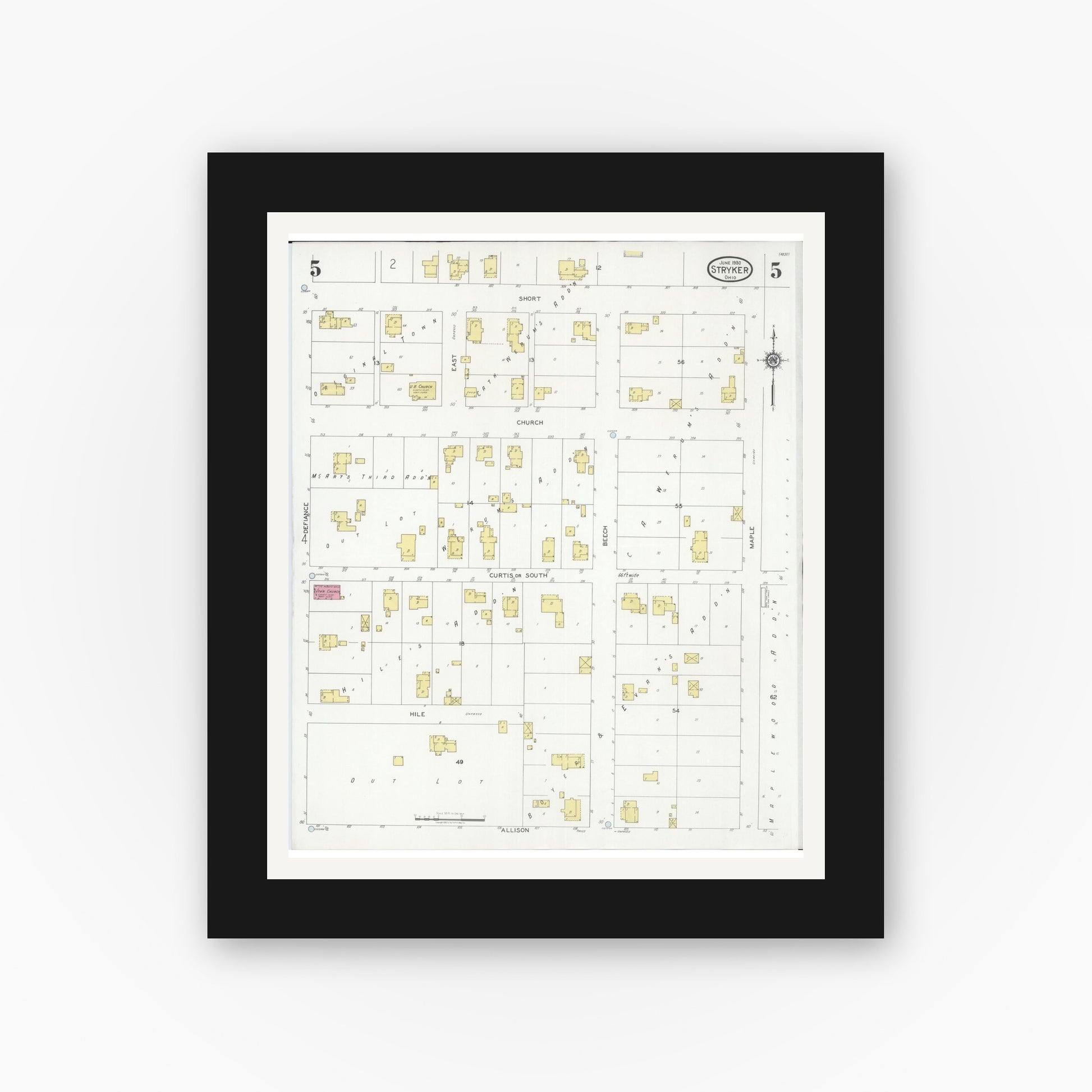 Old map wall art mockup — black gallery frame with white mat — Sanborn Fire Insurance Map from Stryker, Williams County, Ohio (1930), Sheet #0005