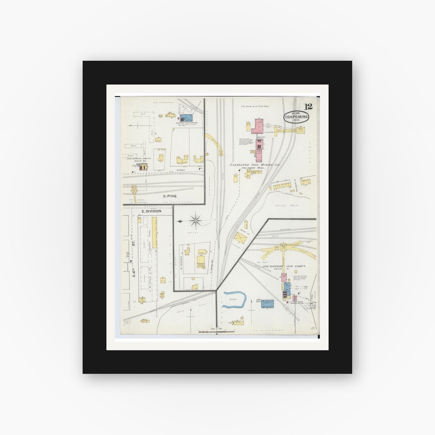 Old map wall art mockup — black gallery frame with white mat — Sanborn Fire Insurance Map from Ishpeming, Marquette County, Michigan (1892), Sheet #0012