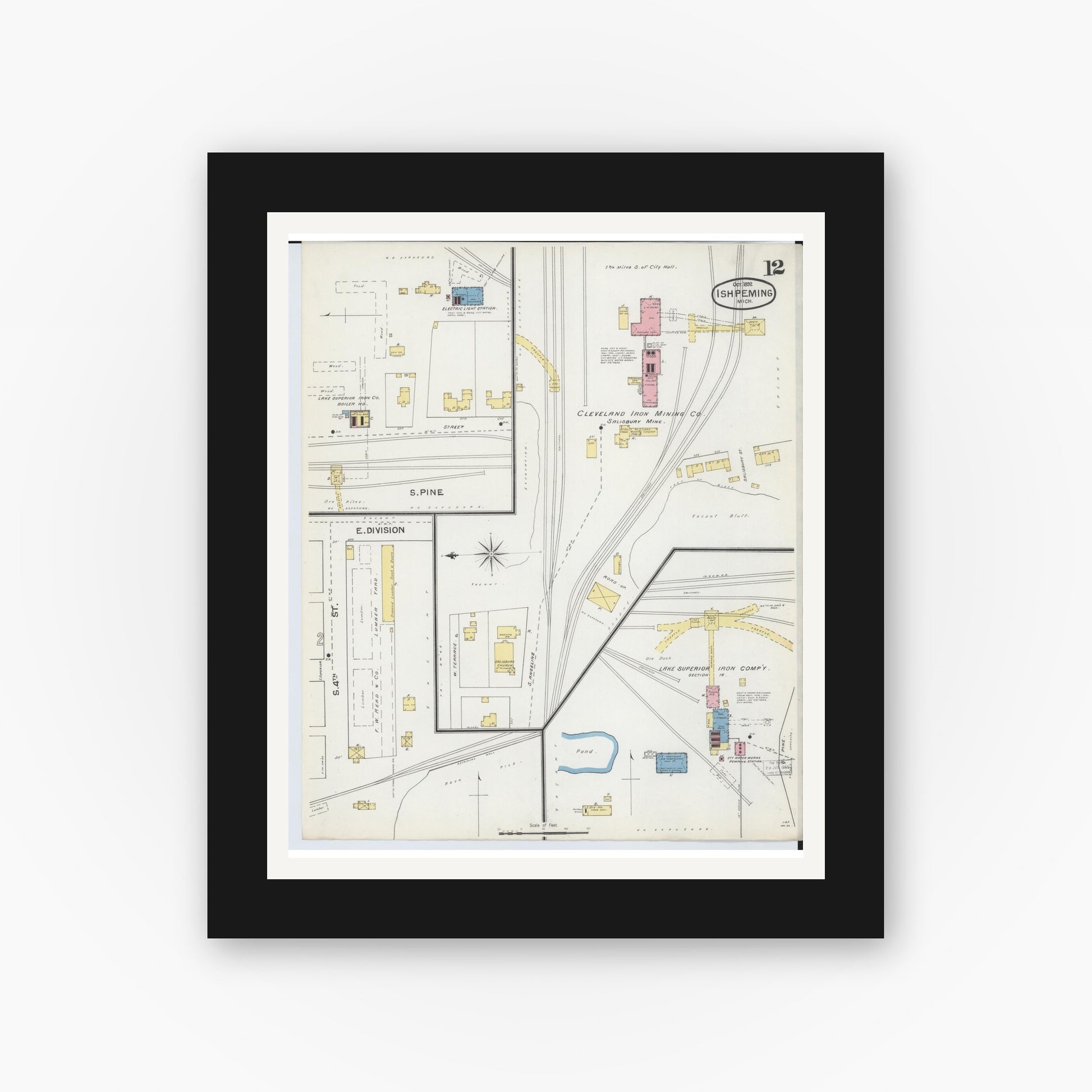 Old map wall art mockup — black gallery frame with white mat — Sanborn Fire Insurance Map from Ishpeming, Marquette County, Michigan (1892), Sheet #0012