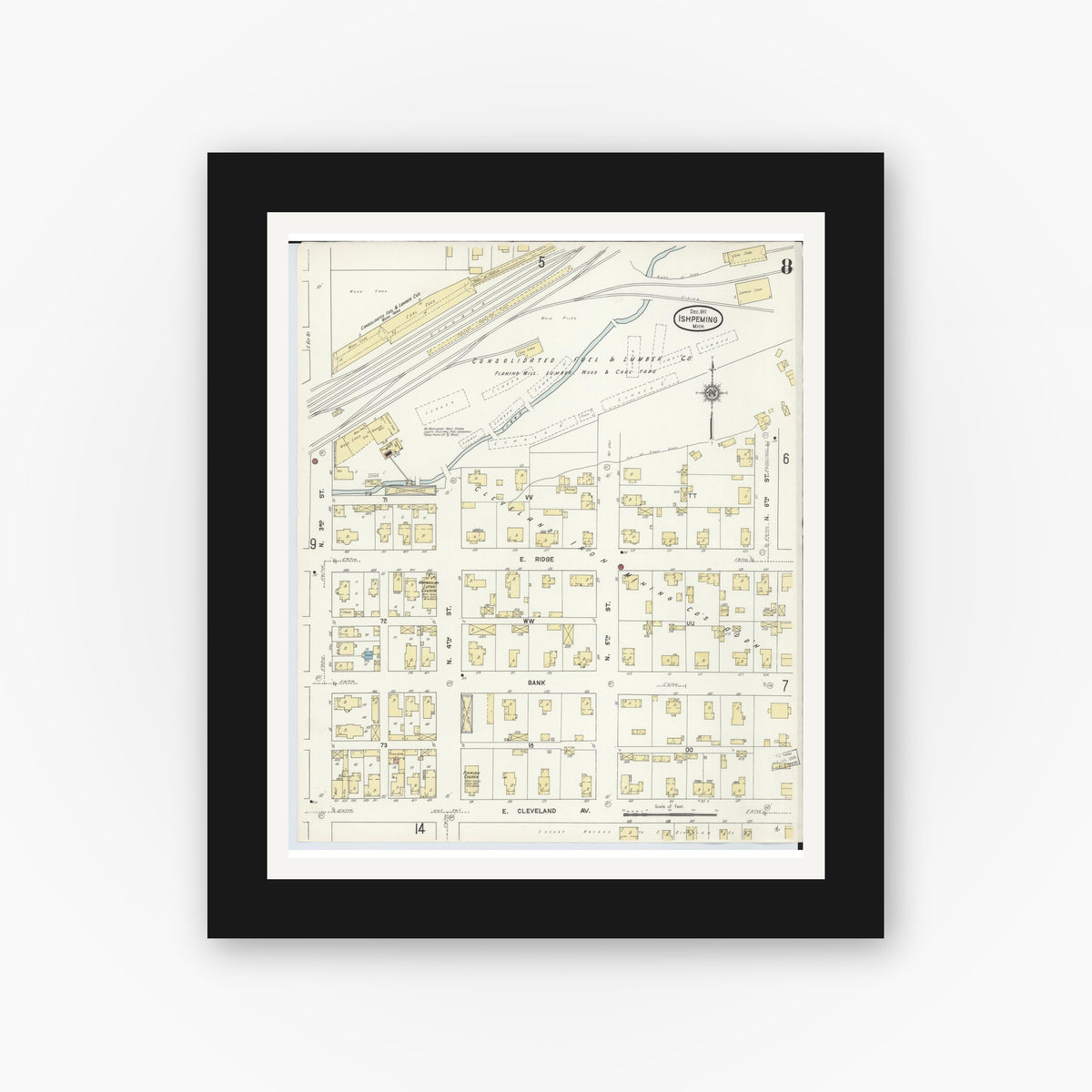 Old map wall art mockup — black gallery frame with white mat — Sanborn Fire Insurance Map from Ishpeming, Marquette County, Michigan (1911), Sheet #0008