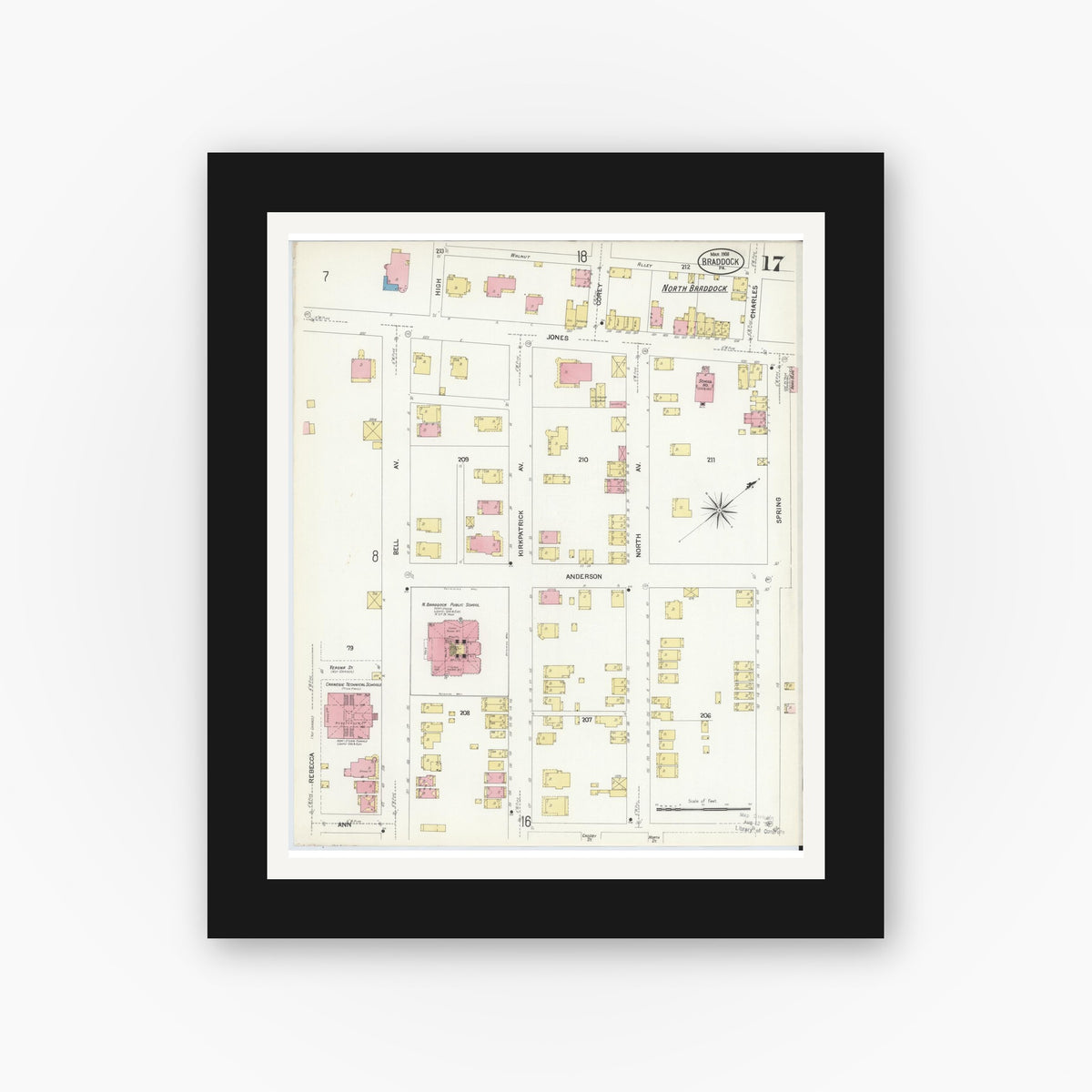 Old map wall art mockup — black gallery frame with white mat — Sanborn Fire Insurance Map from Braddock, Allegheny County, Pennsylvania (1908), Sheet #0017