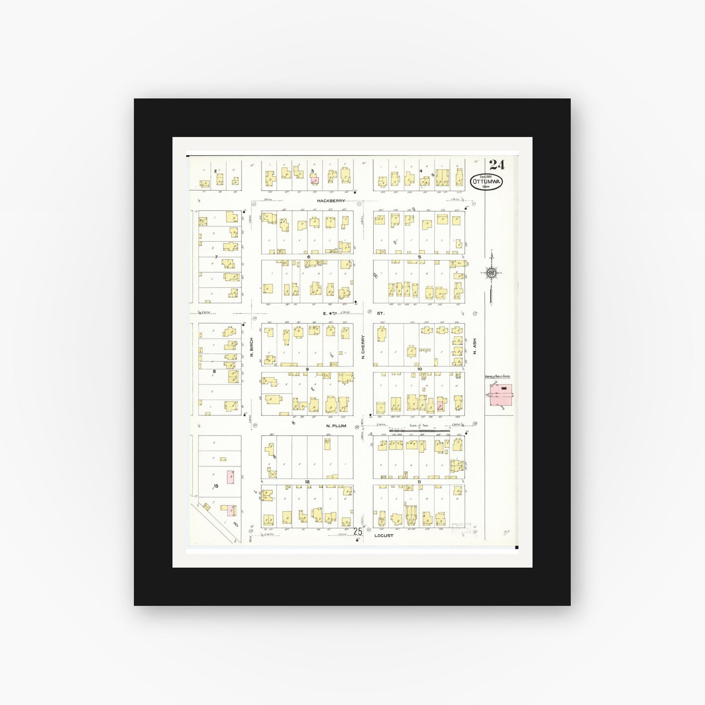 Old map wall art mockup — black gallery frame with white mat — Sanborn Fire Insurance Map from Ottumwa, Wapello County, Iowa (1909), Sheet #0024