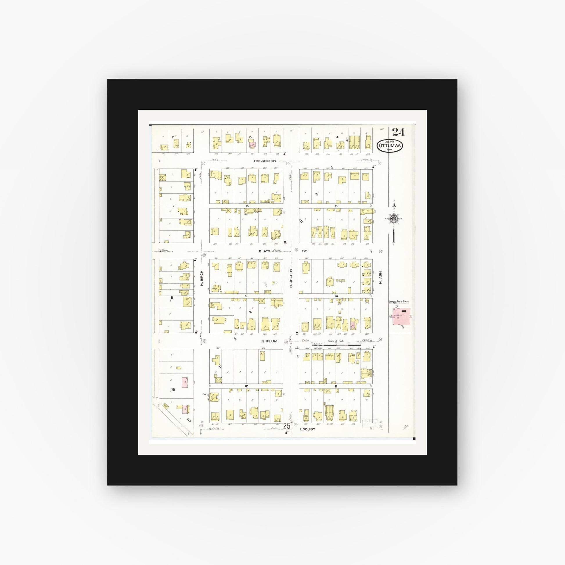 Old map wall art mockup — black gallery frame with white mat — Sanborn Fire Insurance Map from Ottumwa, Wapello County, Iowa (1909), Sheet #0024