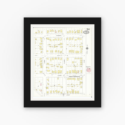 Old map wall art mockup — black gallery frame with white mat — Sanborn Fire Insurance Map from Ottumwa, Wapello County, Iowa (1909), Sheet #0024