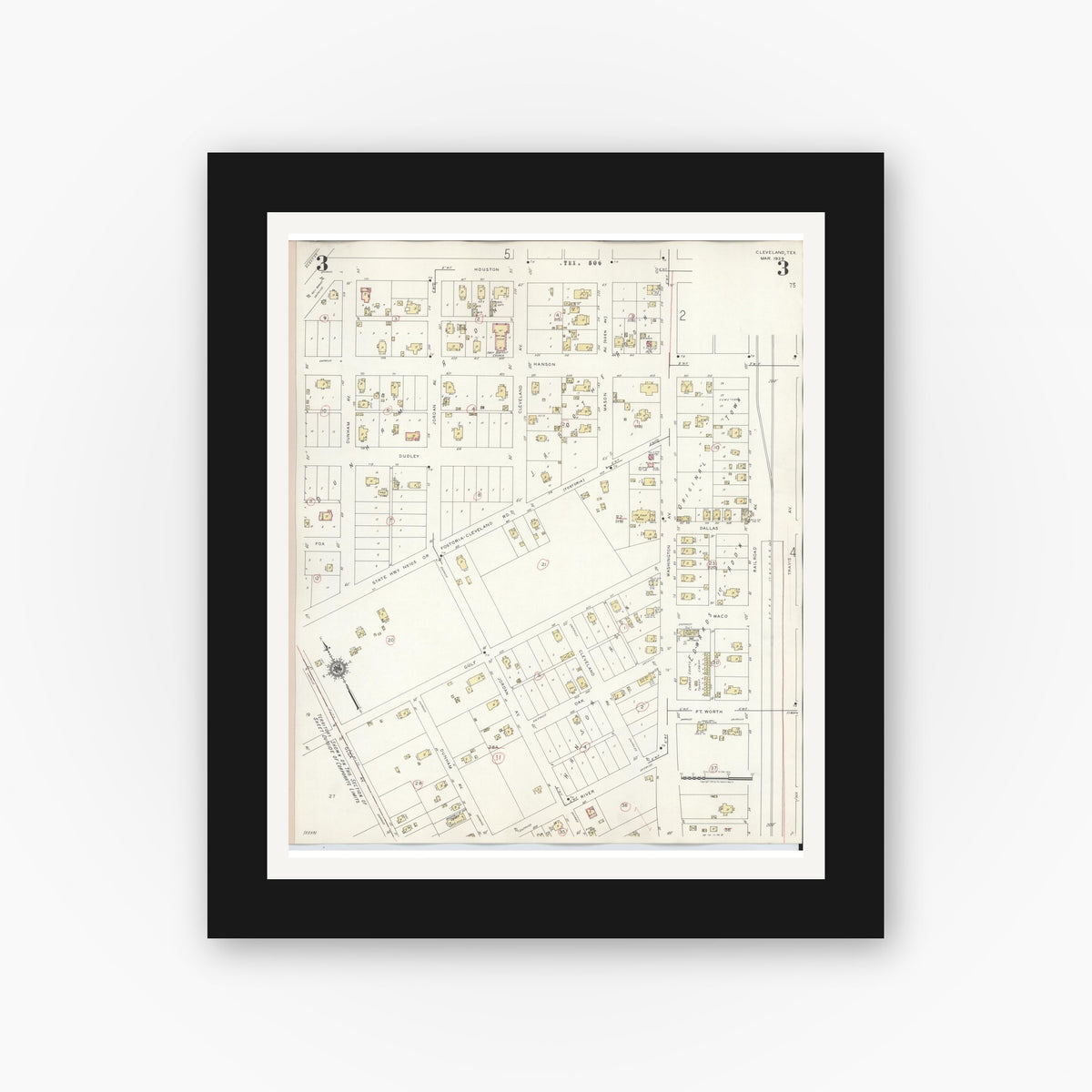 Old map wall art mockup — black gallery frame with white mat — Sanborn Fire Insurance Map from Cleveland, Liberty County, Texas (1939), Sheet #0003