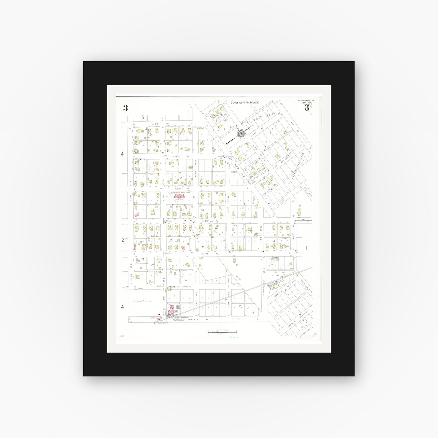 Old map wall art mockup — black gallery frame with white mat — Sanborn Fire Insurance Map from Mount Vernon, Linn County, Iowa (1941), Sheet #0003