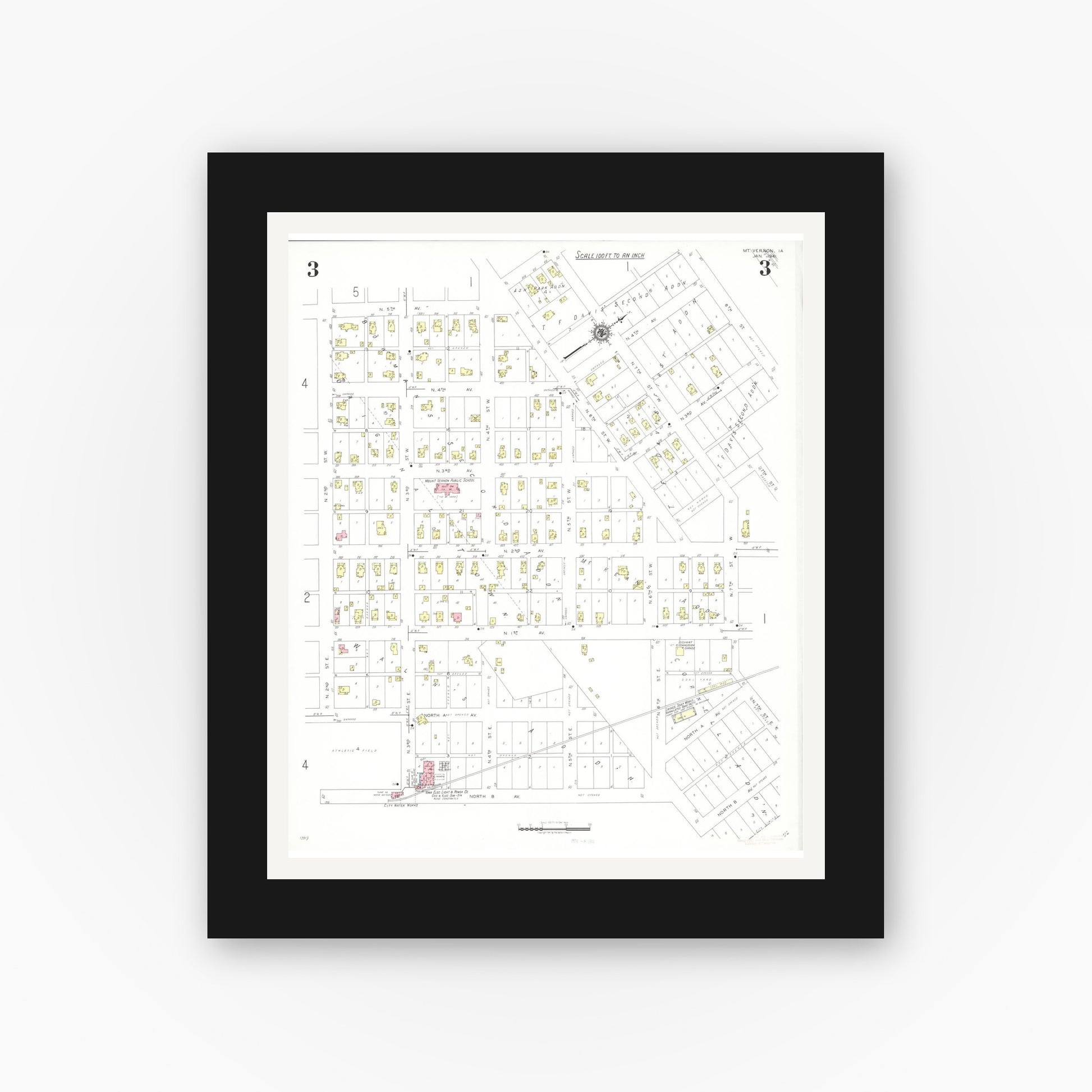 Old map wall art mockup — black gallery frame with white mat — Sanborn Fire Insurance Map from Mount Vernon, Linn County, Iowa (1941), Sheet #0003