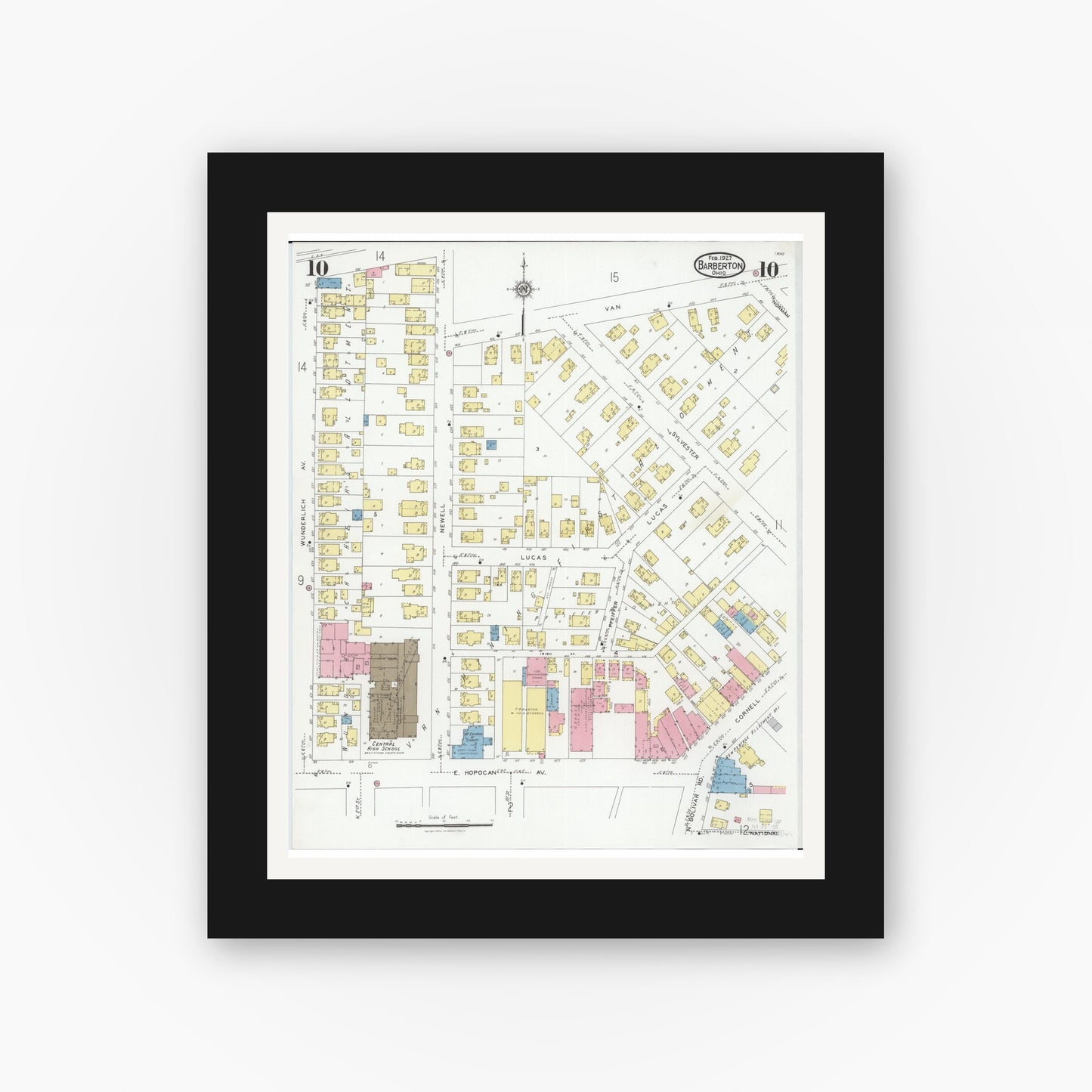 Old map wall art mockup — black gallery frame with white mat — Sanborn Fire Insurance Map from Barberton, Summit County, Ohio (1927), Sheet #0010