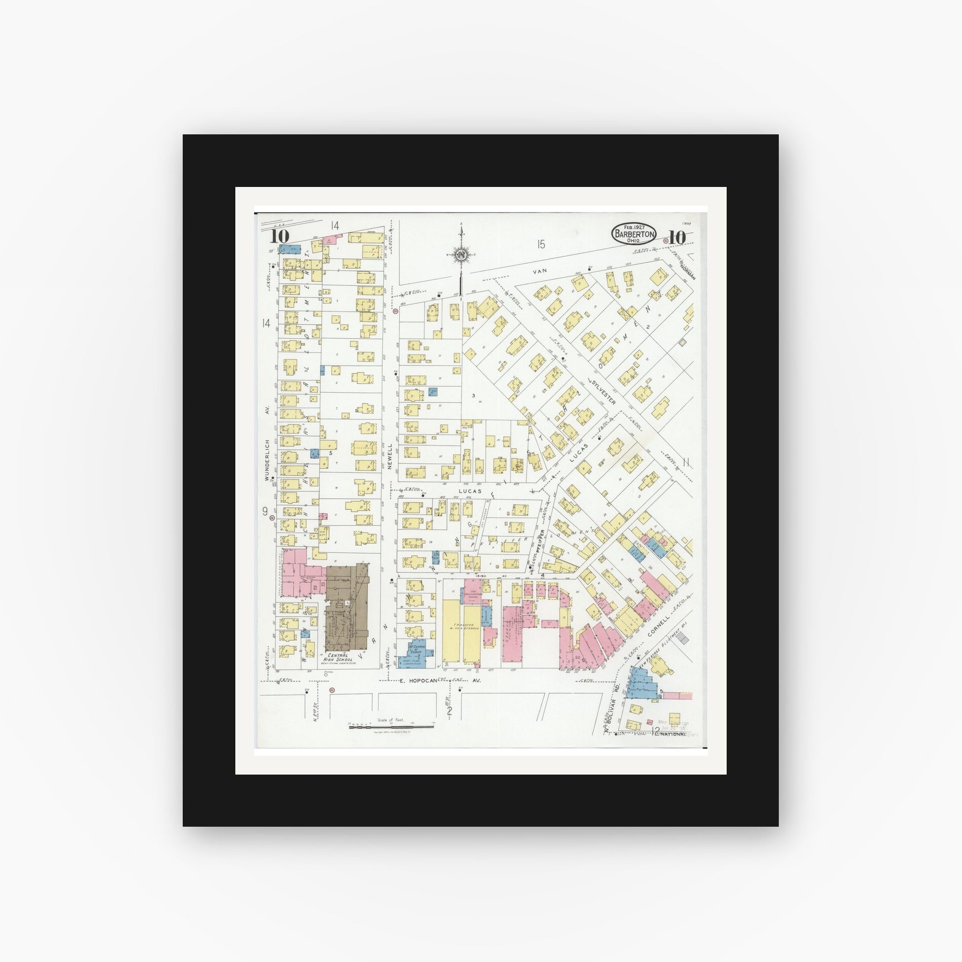 Old map wall art mockup — black gallery frame with white mat — Sanborn Fire Insurance Map from Barberton, Summit County, Ohio (1927), Sheet #0010