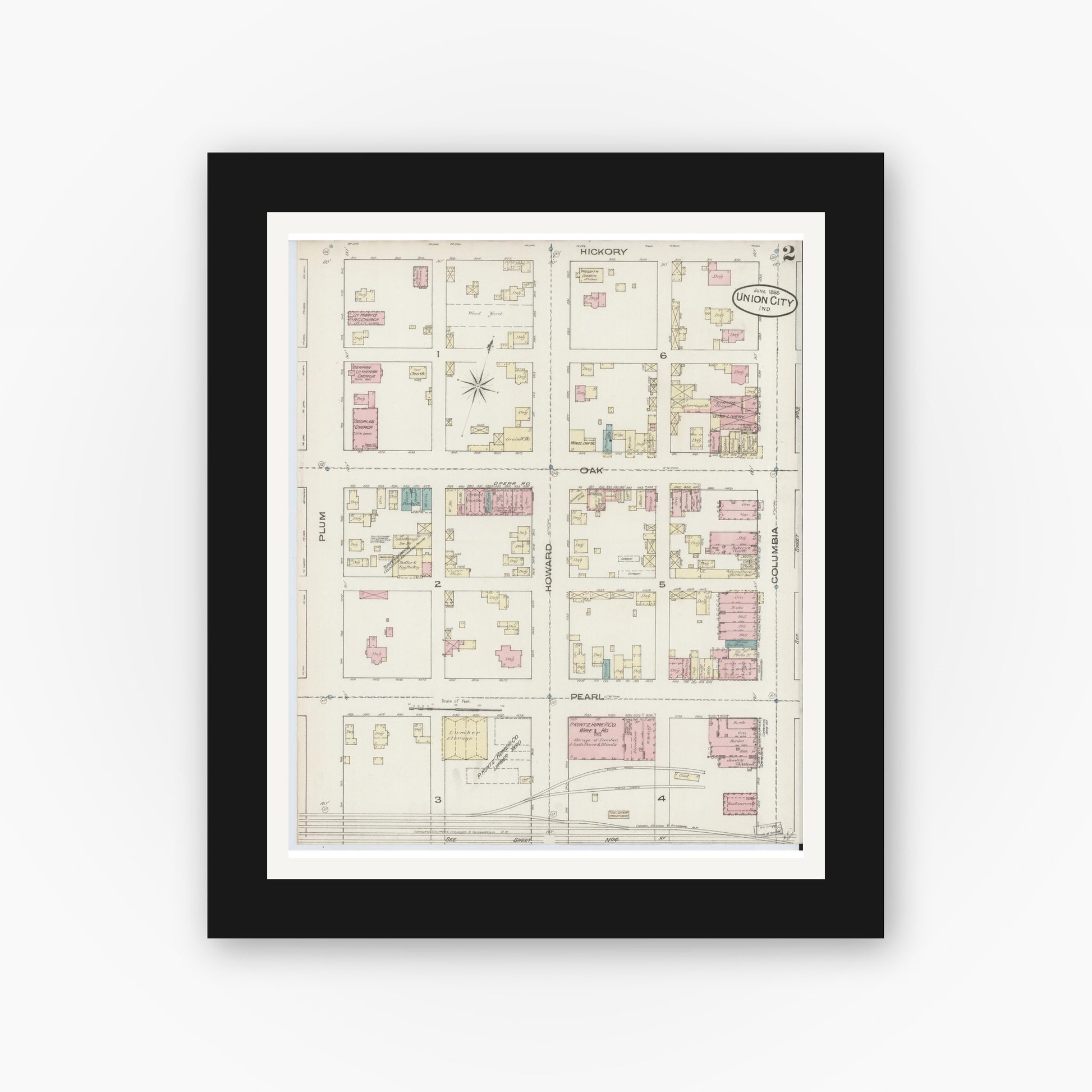 Old map wall art mockup — black gallery frame with white mat — Sanborn Fire Insurance Map from Union City, Randolph County, Indiana (1885), Sheet #0002