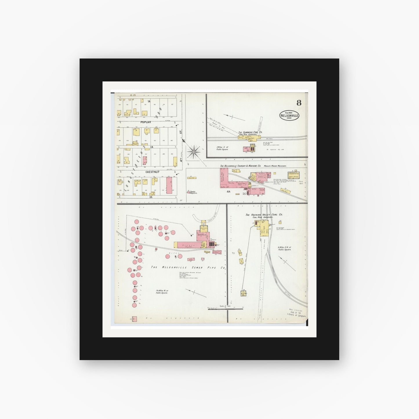 Old map wall art mockup — black gallery frame with white mat — Sanborn Fire Insurance Map from Nelsonville, Athens County, Ohio (1900), Sheet #0008