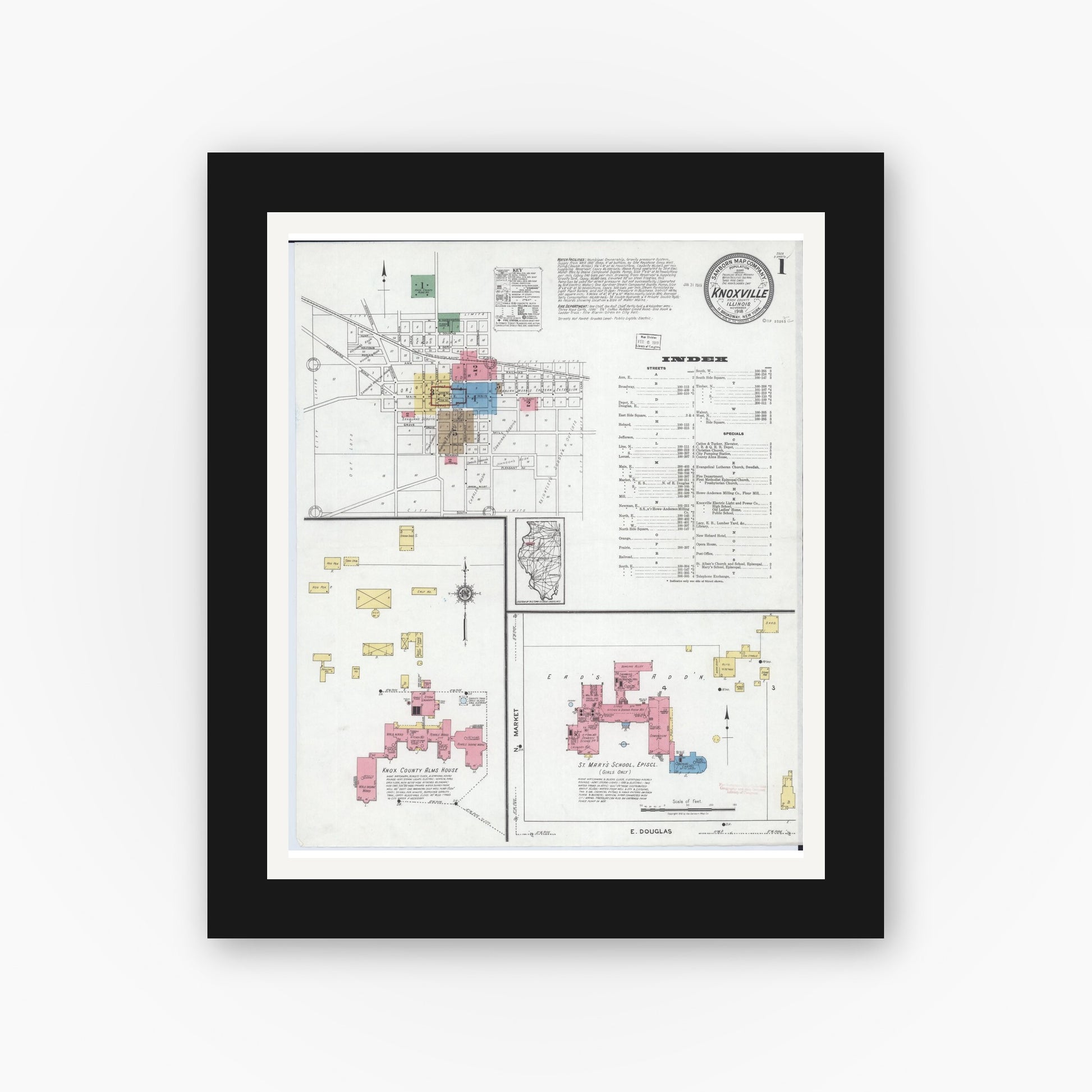 Old map wall art mockup — black gallery frame with white mat — Sanborn Fire Insurance Map from Knoxville, Knox County, Illinois (1918) - Complete Map Set