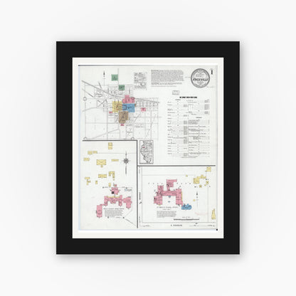 Old map wall art mockup — black gallery frame with white mat — Sanborn Fire Insurance Map from Knoxville, Knox County, Illinois (1918) - Complete Map Set