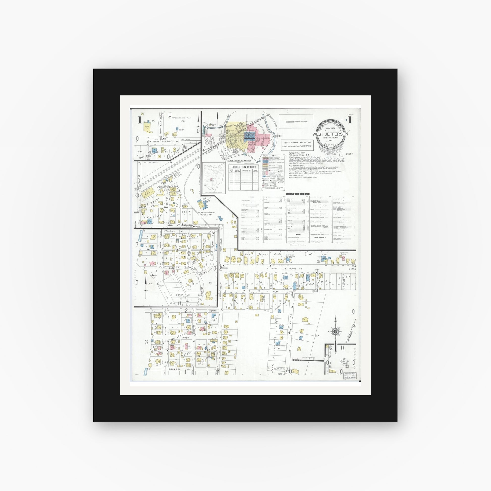 Old map wall art mockup — black gallery frame with white mat — Sanborn Fire Insurance Map from West Jefferson, Madison County, Ohio (1952), Sheet #0001
