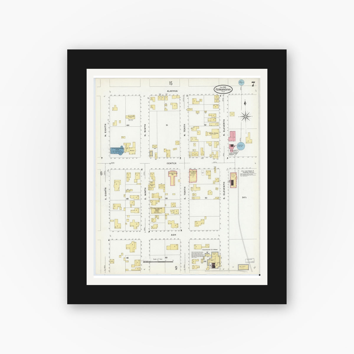 Old map wall art mockup — black gallery frame with white mat — Sanborn Fire Insurance Map from Fernandina, Nassau County, Florida (1909), Sheet #0007