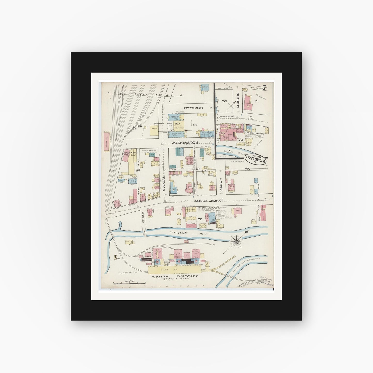 Old map wall art mockup — black gallery frame with white mat — Sanborn Fire Insurance Map from Pottsville, Schuylkill County, Pennsylvania (1885), Sheet #0007