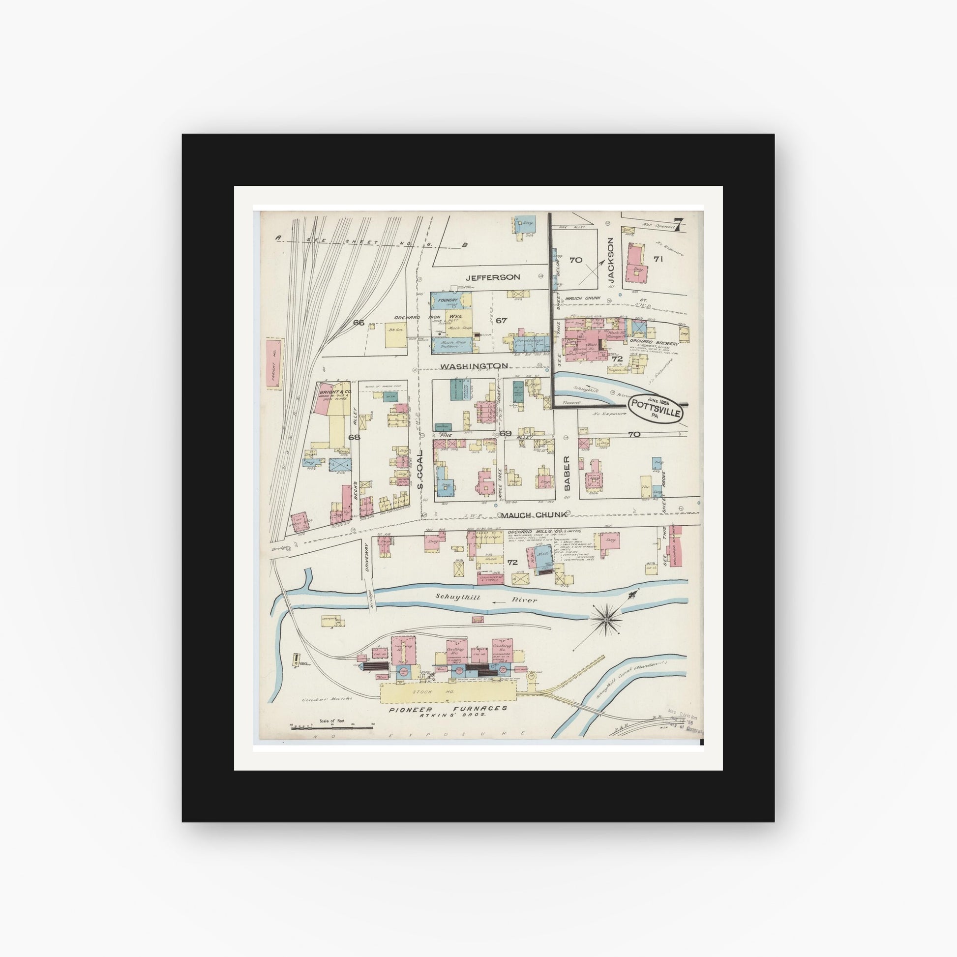 Old map wall art mockup — black gallery frame with white mat — Sanborn Fire Insurance Map from Pottsville, Schuylkill County, Pennsylvania (1885), Sheet #0007