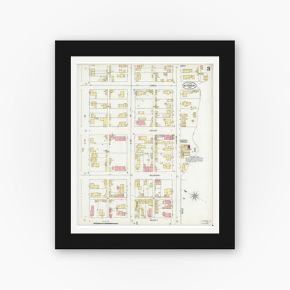 Old map wall art mockup — black gallery frame with white mat — Sanborn Fire Insurance Map from Mount Vernon, Posey County, Indiana (1899), Sheet #0003