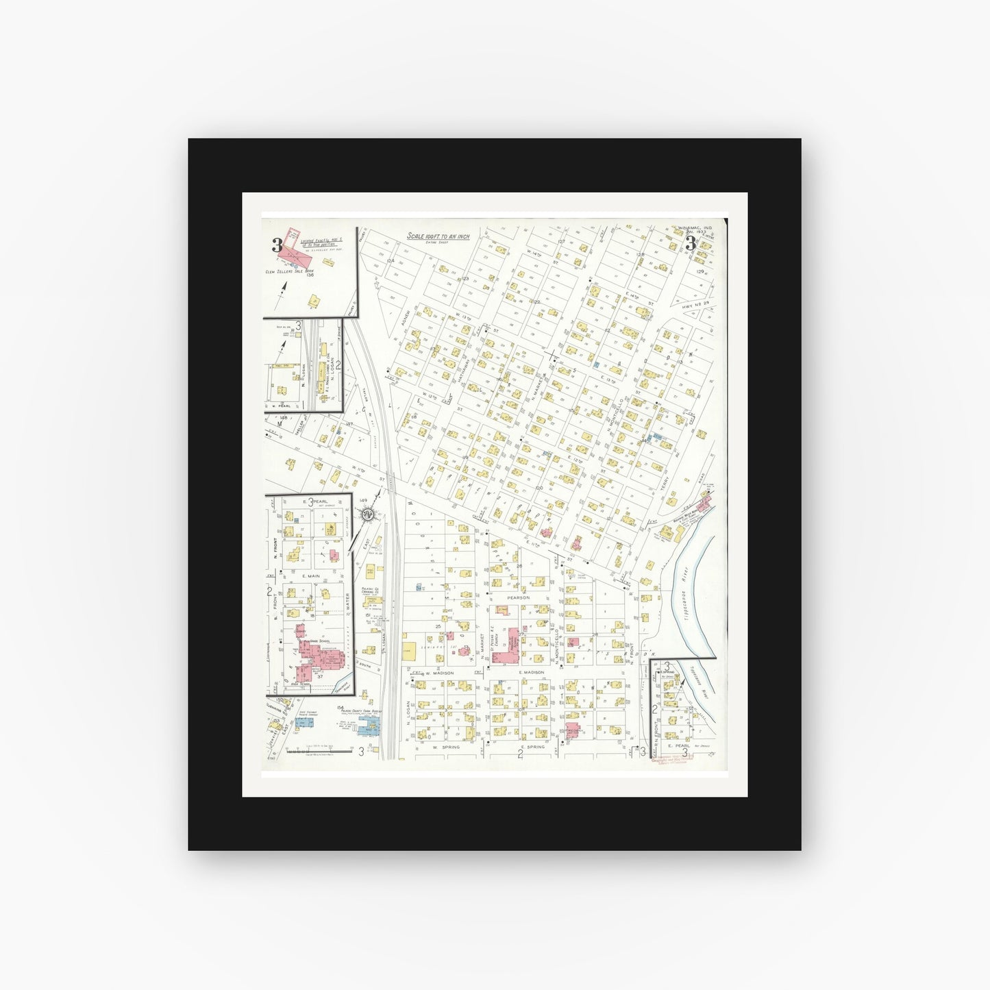 Old map wall art mockup — black gallery frame with white mat — Sanborn Fire Insurance Map from Winamac, Pulaski County, Indiana (1933), Sheet #0003