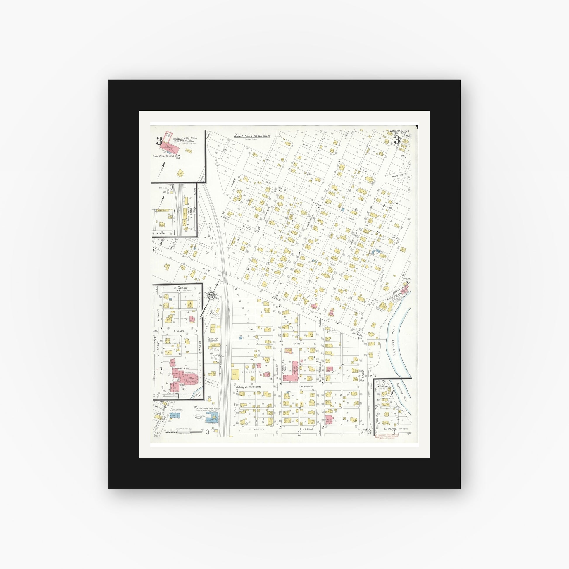 Old map wall art mockup — black gallery frame with white mat — Sanborn Fire Insurance Map from Winamac, Pulaski County, Indiana (1933), Sheet #0003