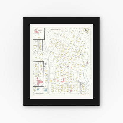 Old map wall art mockup — black gallery frame with white mat — Sanborn Fire Insurance Map from Winamac, Pulaski County, Indiana (1933), Sheet #0003