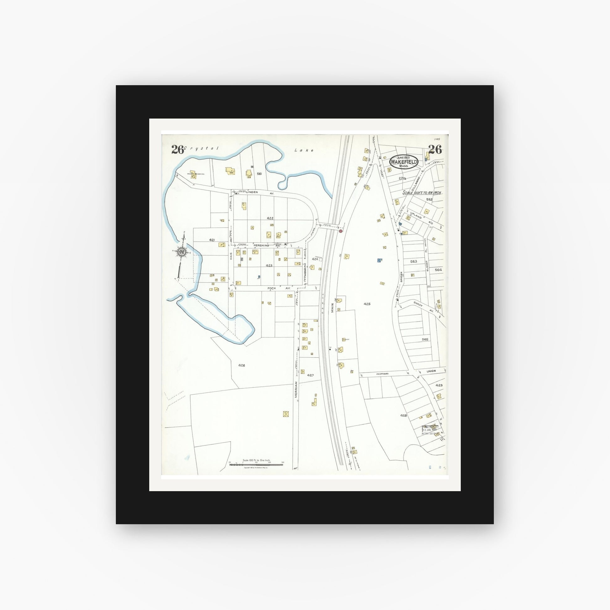 Old map wall art mockup — black gallery frame with white mat — Sanborn Fire Insurance Map from Wakefield, Middlesex County, Massachusetts (1923), Sheet #0026