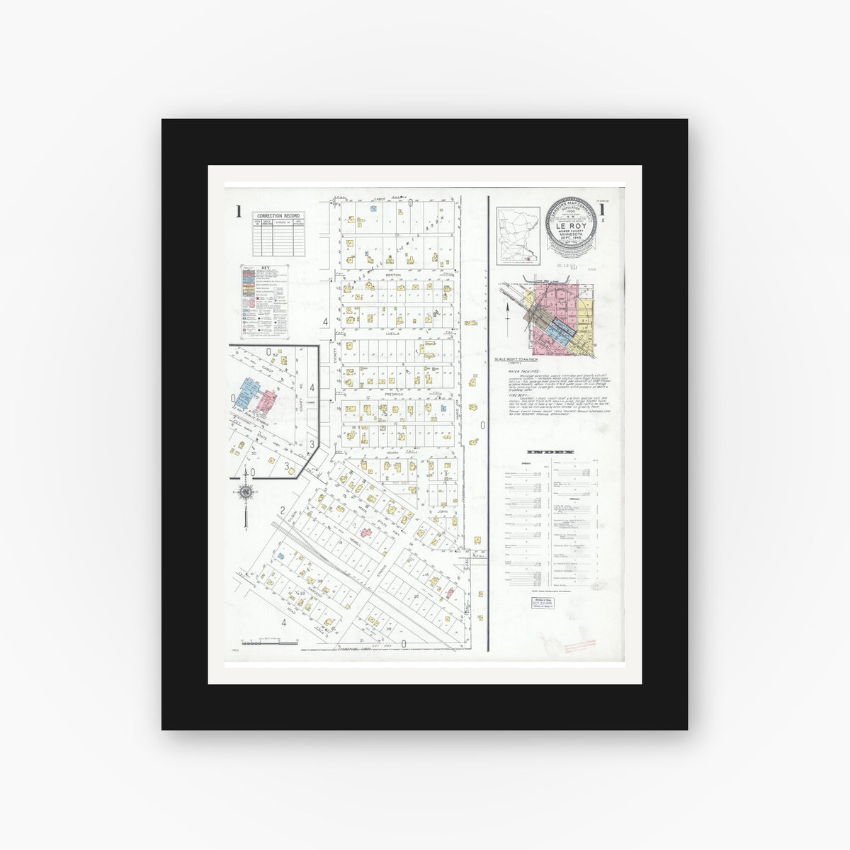 Old map wall art mockup — black gallery frame with white mat — Sanborn Fire Insurance Map from Le Roy, Mower County, Minnesota (1948), Sheet #0001