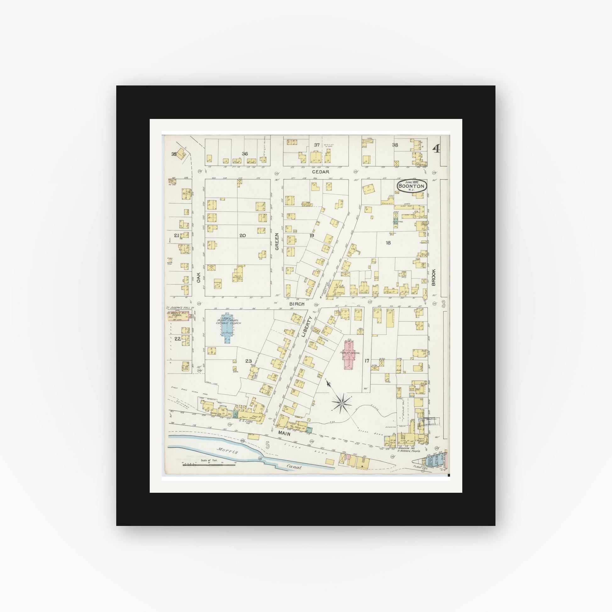 Old map wall art mockup — black gallery frame with white mat — Sanborn Fire Insurance Map from Boonton, Morris County, New Jersey (1892), Sheet #0004