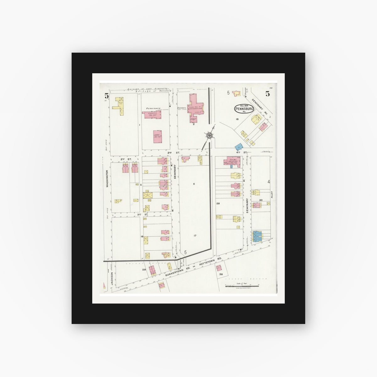 Old map wall art mockup — black gallery frame with white mat — Sanborn Fire Insurance Map from Pennsburg, Montgomery County, Pennsylvania (1924), Sheet #0005