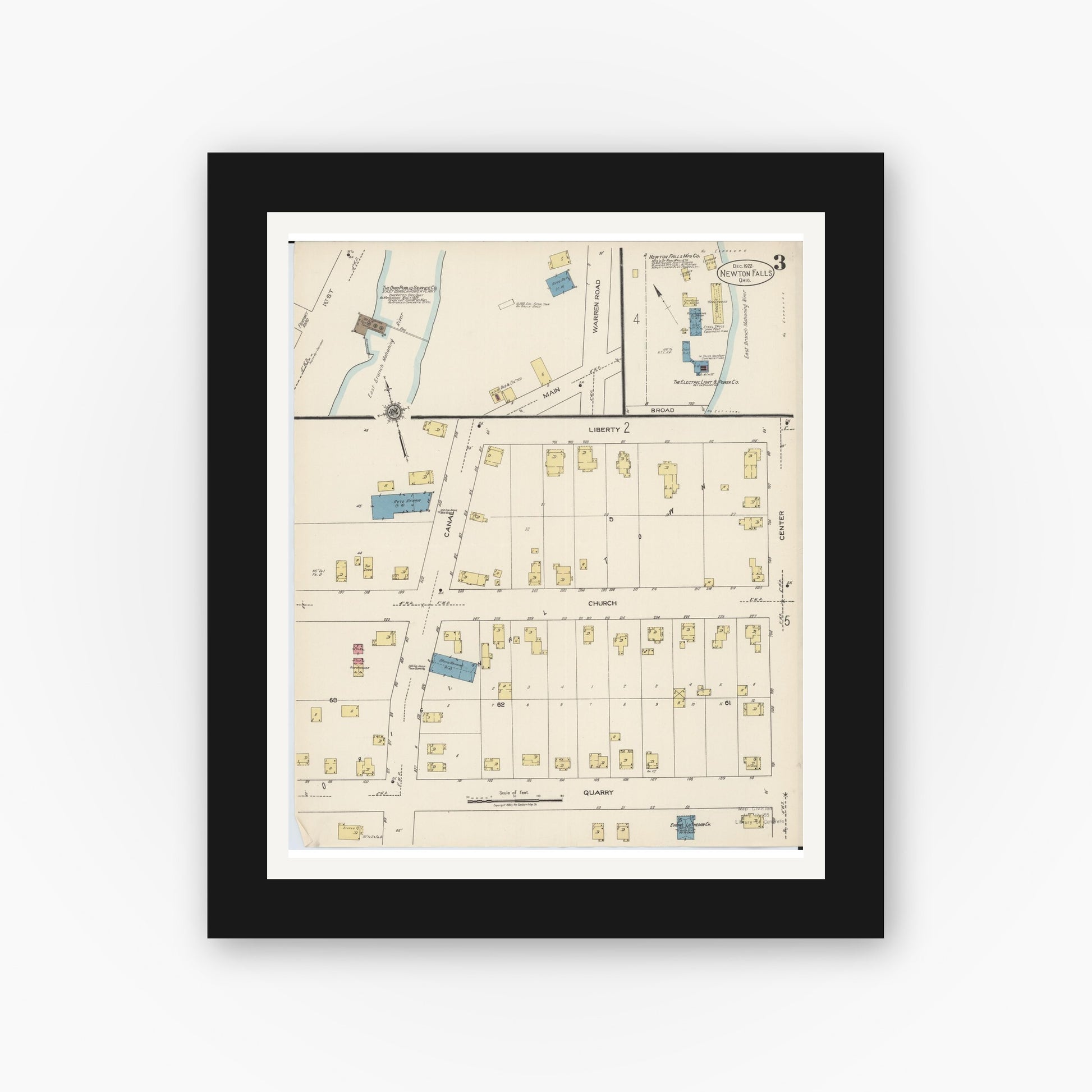 Old map wall art mockup — black gallery frame with white mat — Sanborn Fire Insurance Map from Newton Falls, Trumbull County, Ohio (1922), Sheet #0003
