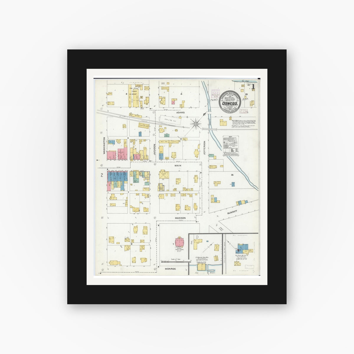 Old map wall art mockup — black gallery frame with white mat — Sanborn Fire Insurance Map from Oswego, Kendall County, Illinois (1905) - Complete Map Set