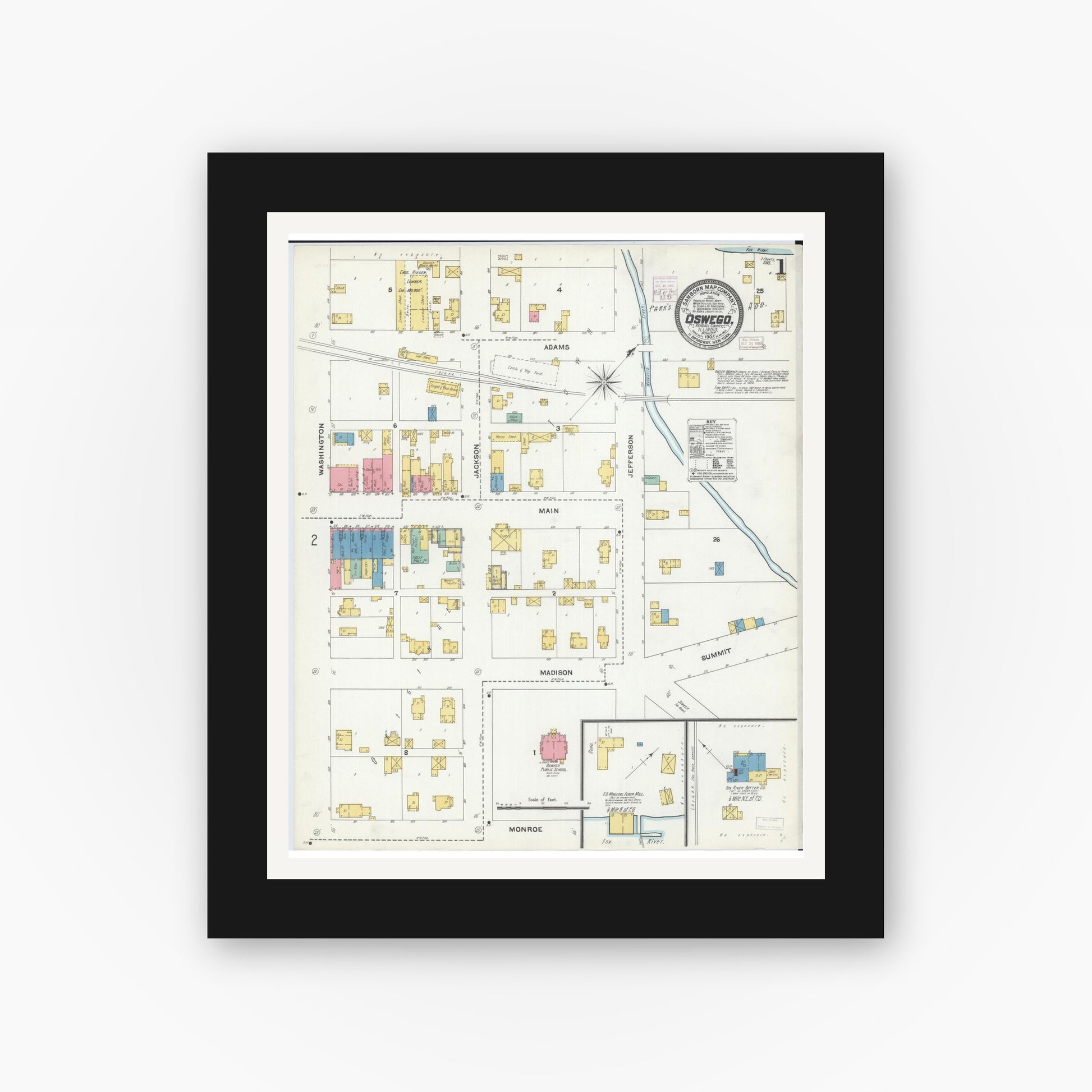 Old map wall art mockup — black gallery frame with white mat — Sanborn Fire Insurance Map from Oswego, Kendall County, Illinois (1905) - Complete Map Set