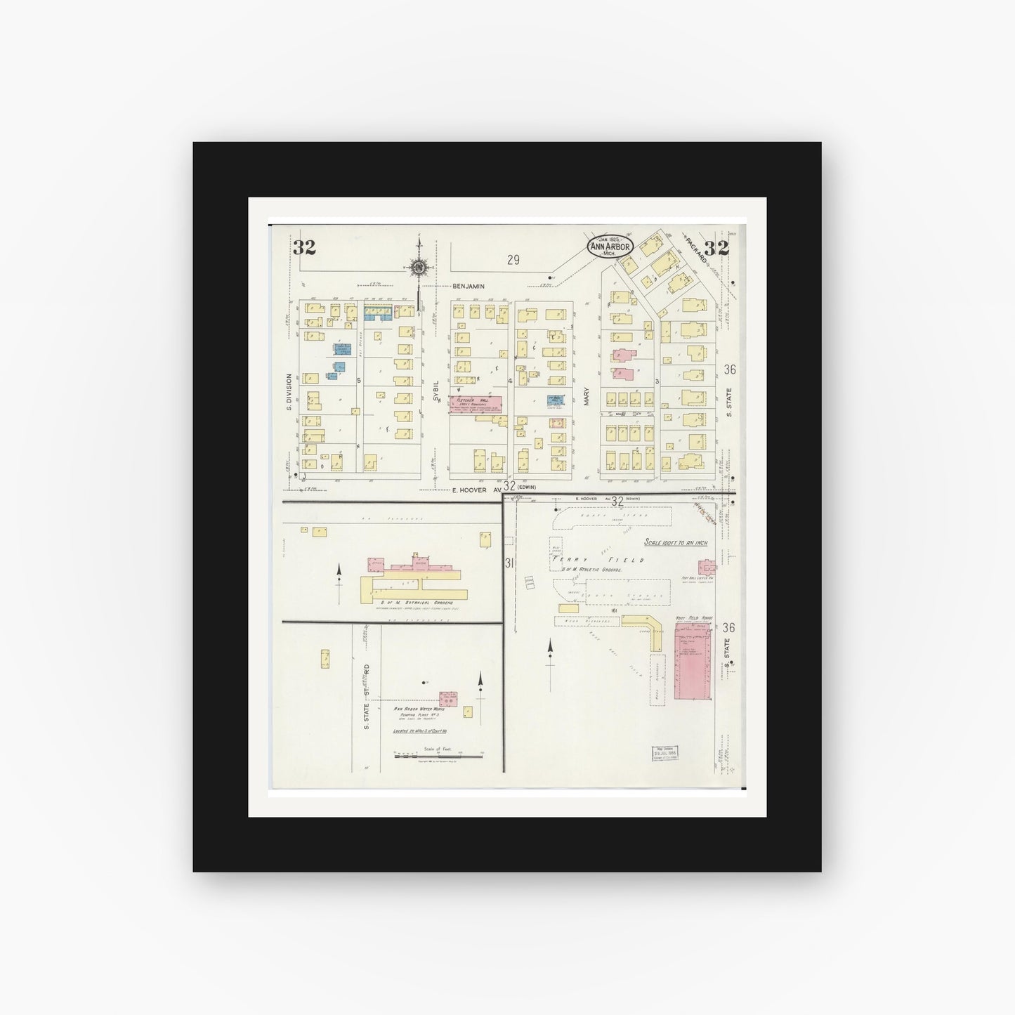 Old map wall art mockup — black gallery frame with white mat — Sanborn Fire Insurance Map from Ann Arbor, Washtenaw County, Michigan (1925), Sheet #0032