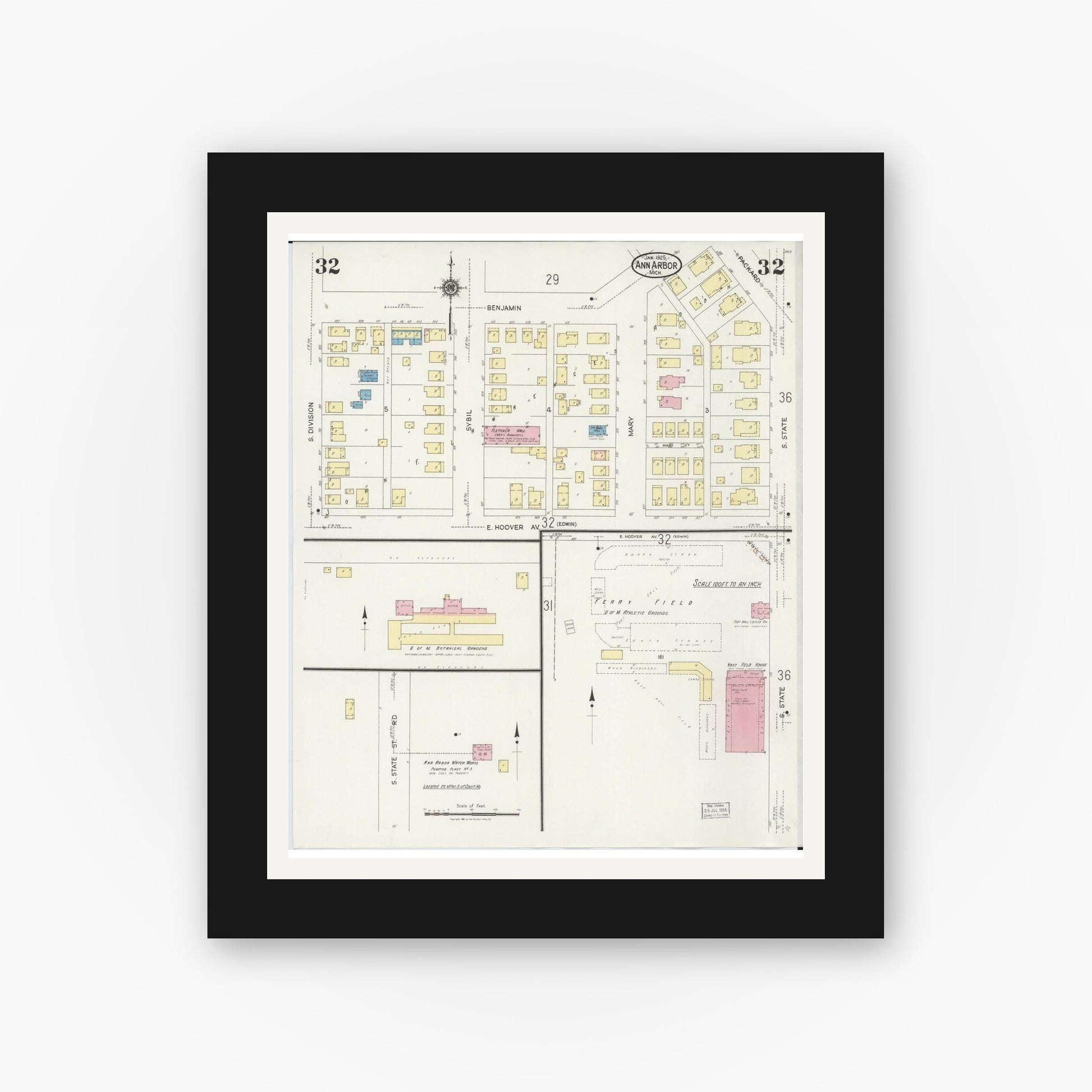 Old map wall art mockup — black gallery frame with white mat — Sanborn Fire Insurance Map from Ann Arbor, Washtenaw County, Michigan (1925), Sheet #0032