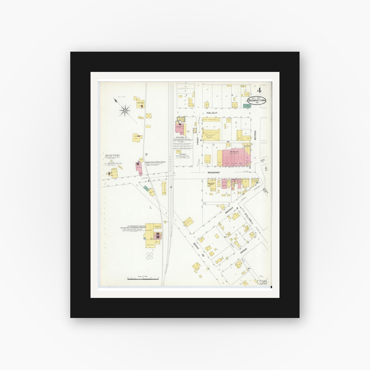 Old map wall art mockup — black gallery frame with white mat — Sanborn Fire Insurance Map from Brownstown, Jackson County, Indiana (1907), Sheet #0004