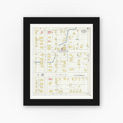 Old map wall art mockup — black gallery frame with white mat — Sanborn Fire Insurance Map from Bedford, Lawrence County, Indiana (1898), Sheet #0006