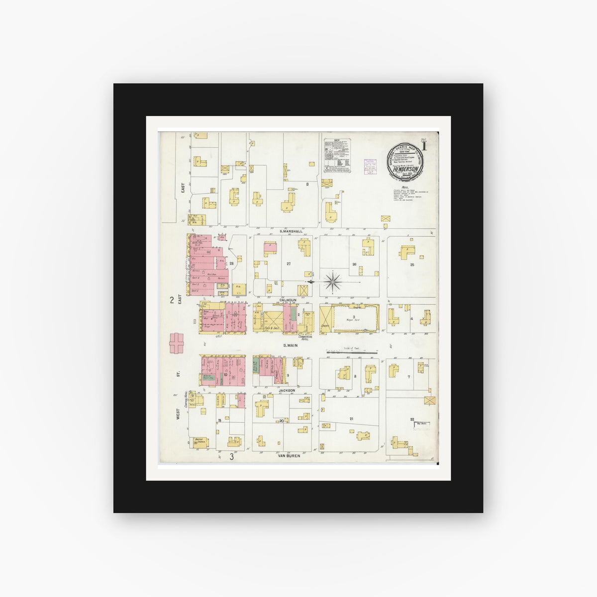 Old map wall art mockup — black gallery frame with white mat — Sanborn Fire Insurance Map from Henderson, Rusk County, Texas (1901), Sheet #0001