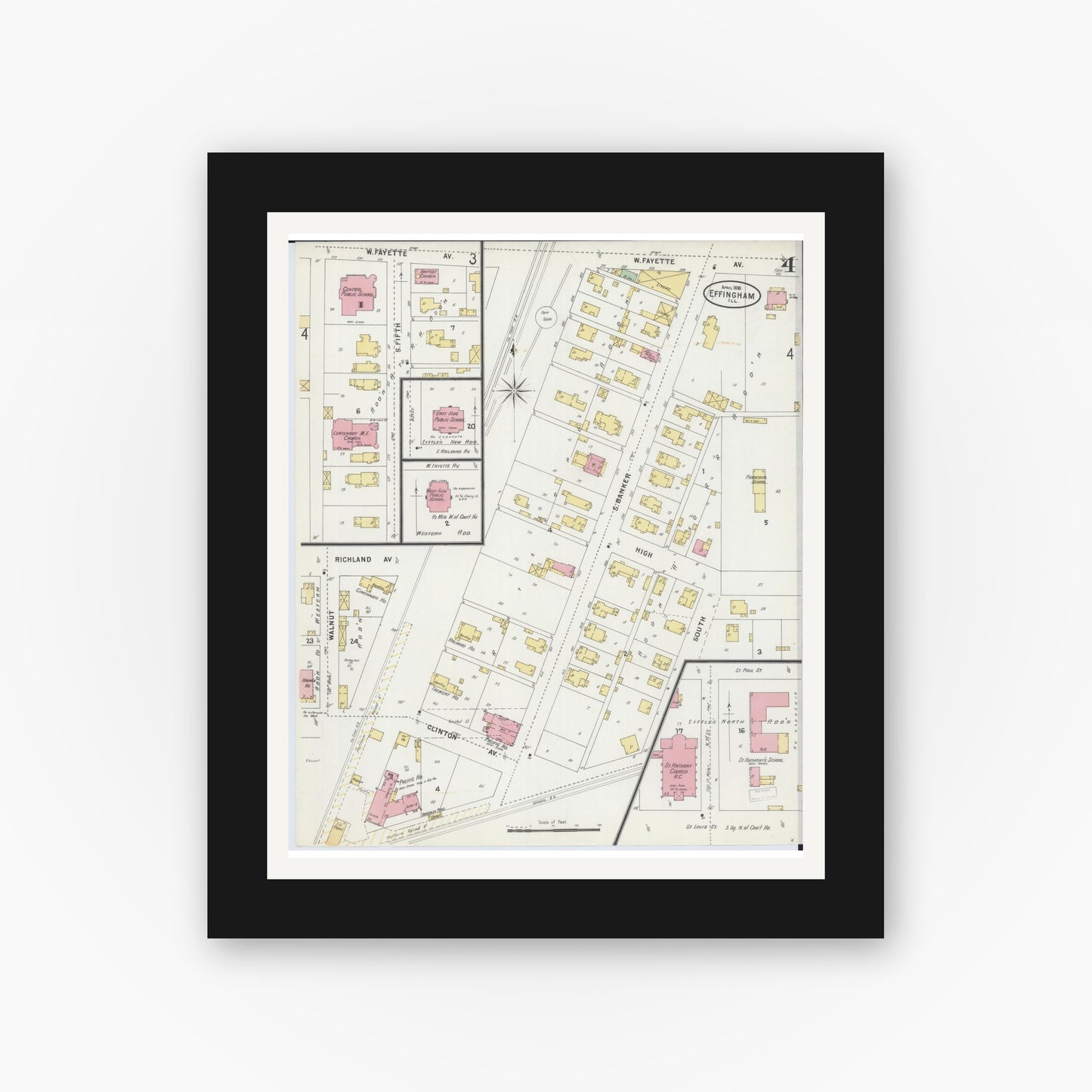 Old map wall art mockup — black gallery frame with white mat — Sanborn Fire Insurance Map from Effingham, Effingham County, Illinois (1898), Sheet #0004