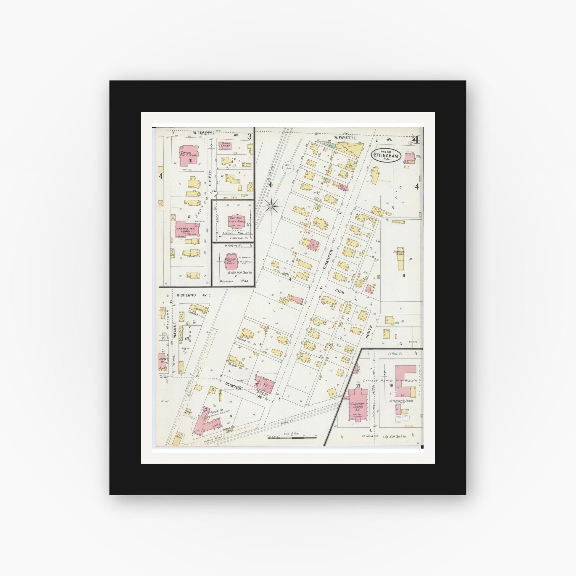 Old map wall art mockup — black gallery frame with white mat — Sanborn Fire Insurance Map from Effingham, Effingham County, Illinois (1898), Sheet #0004
