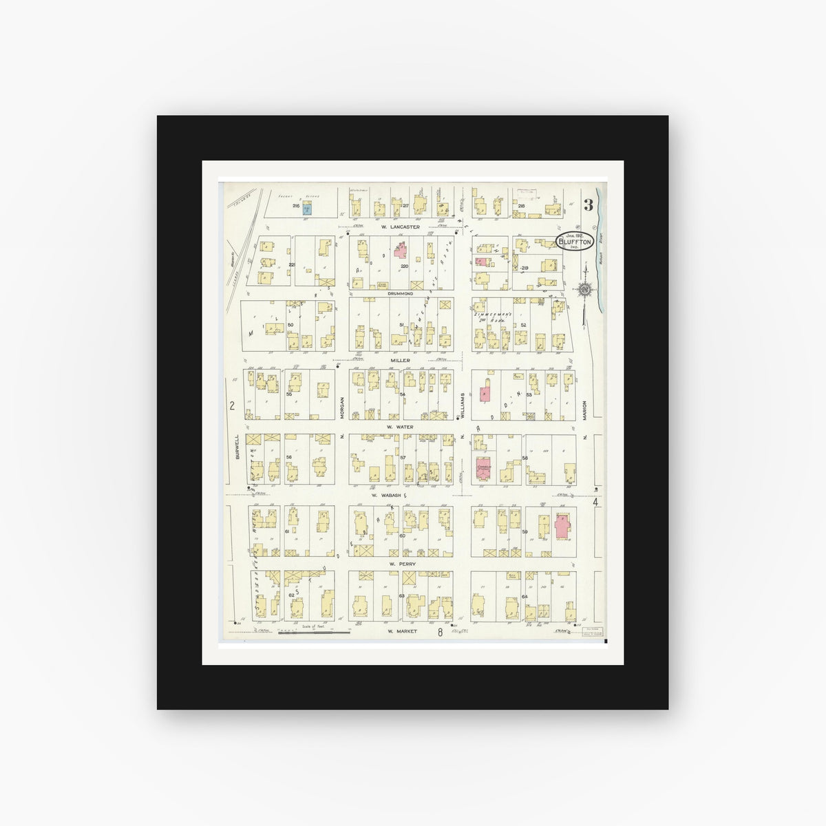 Old map wall art mockup — black gallery frame with white mat — Sanborn Fire Insurance Map from Bluffton, Wells County, Indiana (1912), Sheet #0003