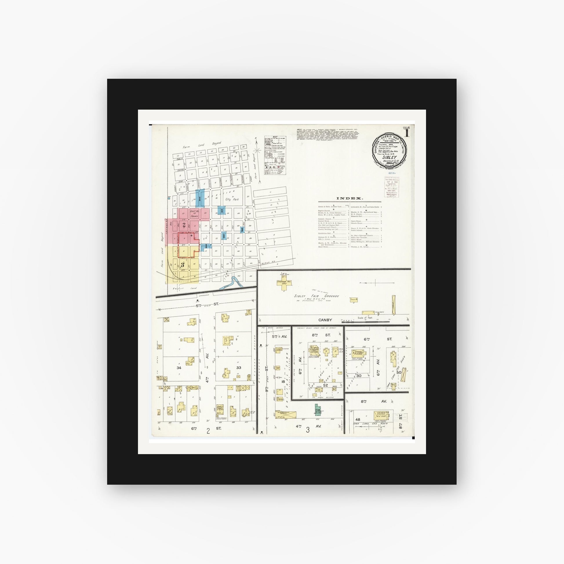 Old map wall art mockup — black gallery frame with white mat — Sanborn Fire Insurance Map from Sibley, Osceola County, Iowa (1900), Sheet #0001
