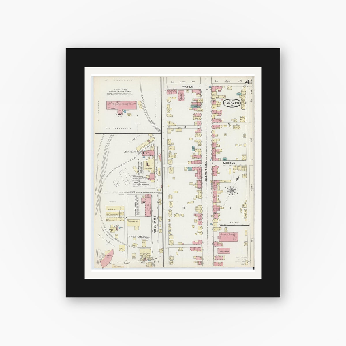 Old map wall art mockup — black gallery frame with white mat — Sanborn Fire Insurance Map from Hanover, York County, Pennsylvania (1891), Sheet #0004