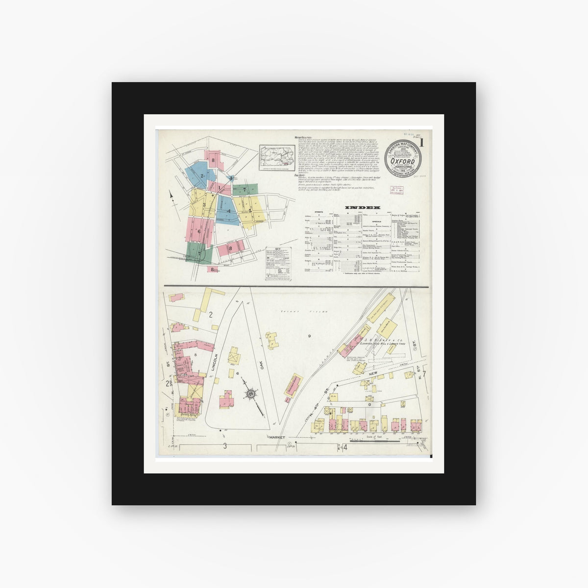 Old map wall art mockup — black gallery frame with white mat — Sanborn Fire Insurance Map from Oxford, Chester County, Pennsylvania (1914) - Complete Map Set