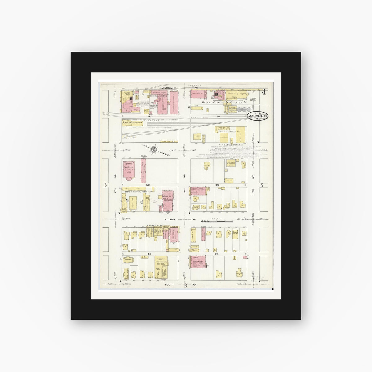 Old map wall art mockup — black gallery frame with white mat — Sanborn Fire Insurance Map from Wichita Falls, Wichita County, Texas (1915), Sheet #0004