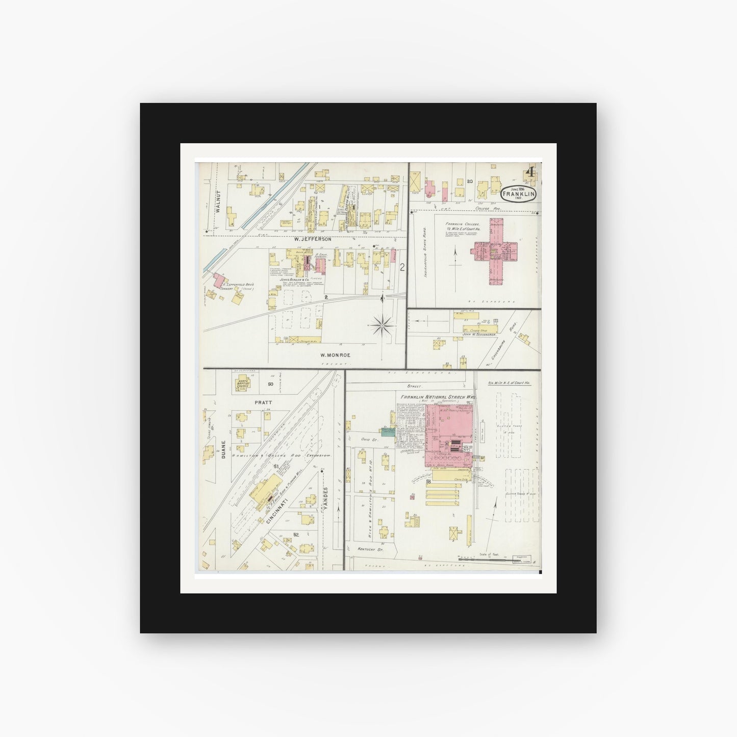 Old map wall art mockup — black gallery frame with white mat — Sanborn Fire Insurance Map from Franklin, Johnson County, Indiana (1896), Sheet #0004