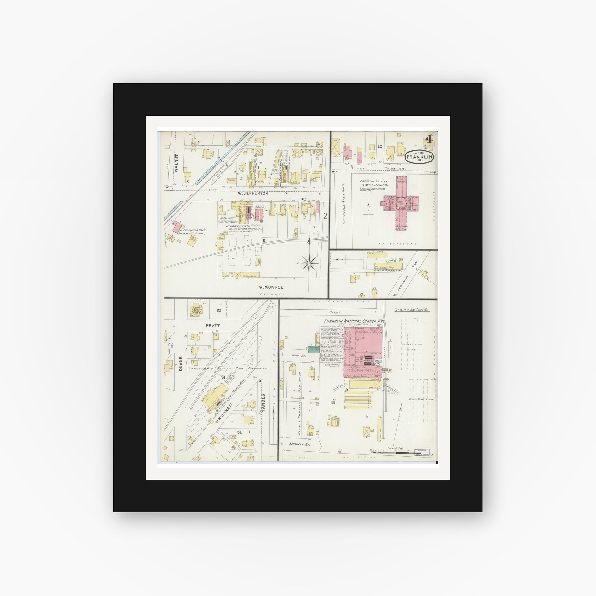 Old map wall art mockup — black gallery frame with white mat — Sanborn Fire Insurance Map from Franklin, Johnson County, Indiana (1896), Sheet #0004