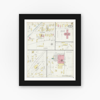 Old map wall art mockup — black gallery frame with white mat — Sanborn Fire Insurance Map from Franklin, Johnson County, Indiana (1896), Sheet #0004