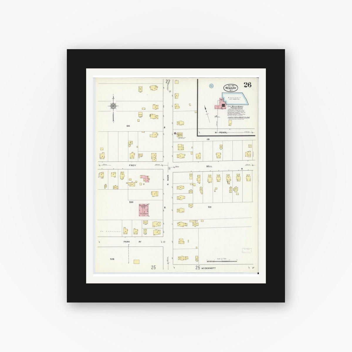 Old map wall art mockup — black gallery frame with white mat — Sanborn Fire Insurance Map from Newark, Wayne County, New York (1912), Sheet #0026